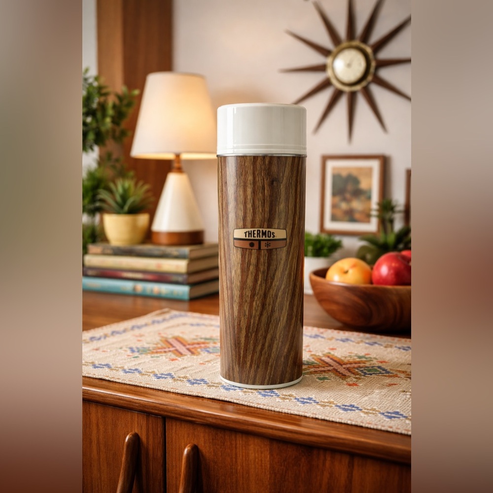 Vintage Genuine Thermos Brand Woodgrain Thermos Bottle 12"
